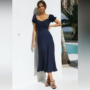 Navy Blue Sky Child Hello Molly Blue Puff Sleeve Sweetheart Midi Dress